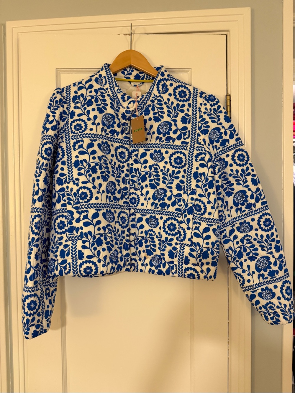 Boden Highbury Quilted Jacket -Blue and White Floral Jacket - Women’s Short Coat